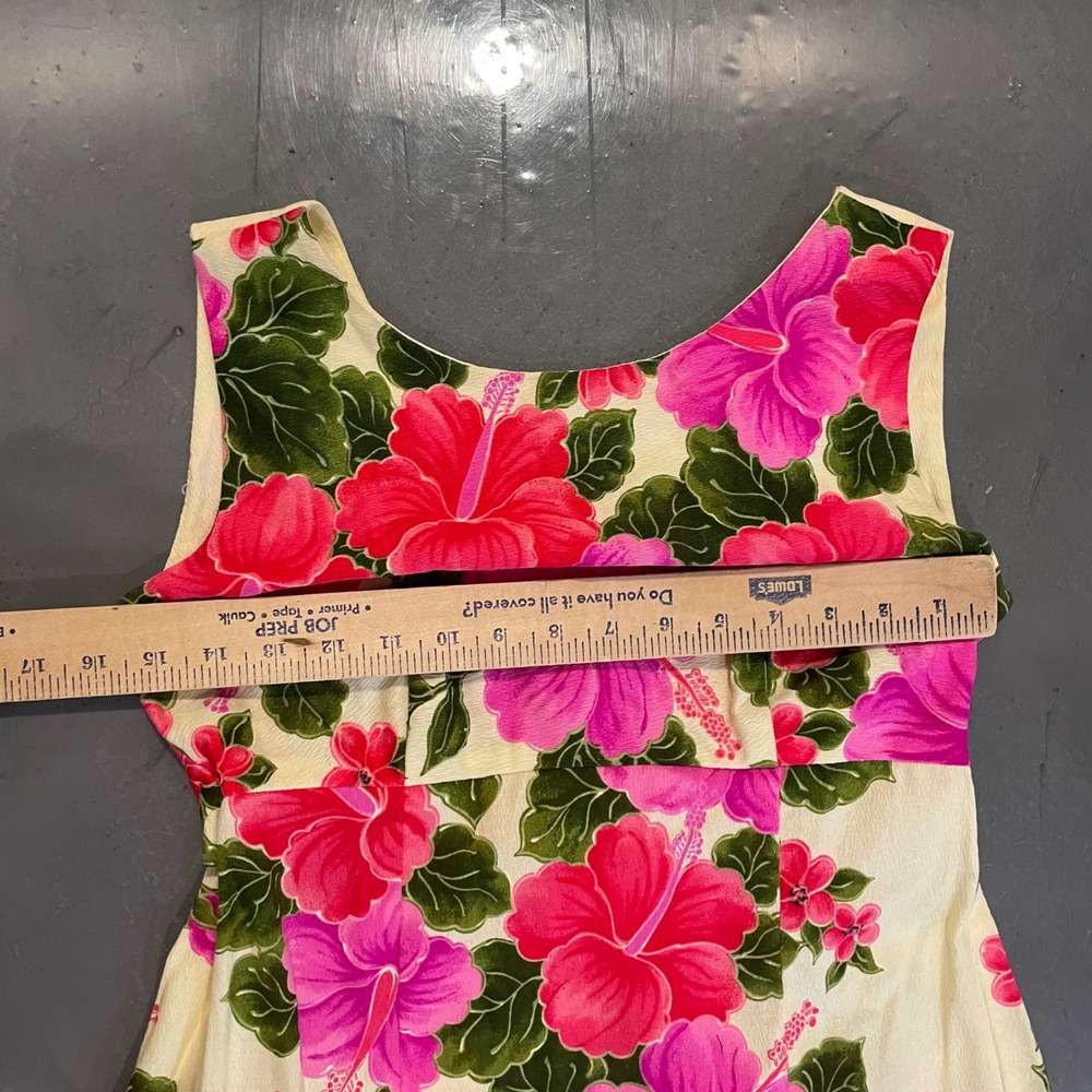 Vintage Ui-Maikai Hawaiian Maxi Dress XS Hibiscus Floral 1960s Cream Pink Empire - Picture 2 of 5